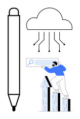 Large pen, digital cloud and network lines, magnifying glass search, businessman climbing graphs. Ideal for innovation, growth, technology, research, productivity business and education themes