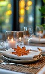 Elegant Autumn Tabletop Setting With Leaf Decoration for Special Dining Occasion.