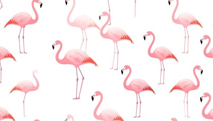 Obraz premium Repeating pattern of vibrant pink flamingos on a stark white background, creating a lively visual