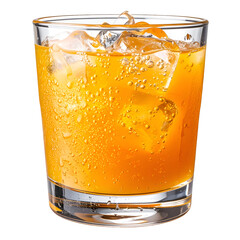  lass of cold orange juice with ice and bubble of ambarella side view isolated on transparent and white background