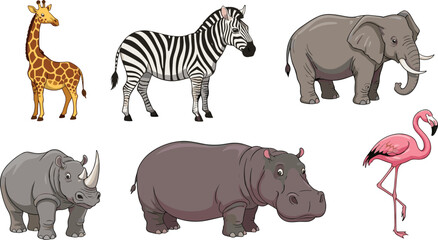 Cartoon African Wild Animals Vector Set – Giraffe, Zebra, Elephant, Rhino, Hippo, Flamingo for Safari, Nature, and Education Themes