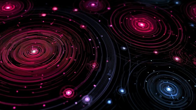 Abstract background with layered circular radar scans rotating in grid space forming security scan simulation for surveillance tech visuals or navigation system interfaces