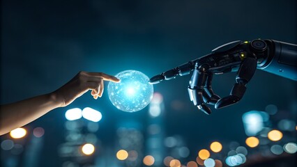 Human and robot hands reaching out to touch a glowing blue orb symbolizing artificial intelligence and technology in the future
