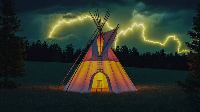Illuminated Teepee with Lightning Storm in Background tipi wigwam - Powered by Adobe