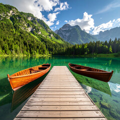 Mountain lake scenic view with pier and boats