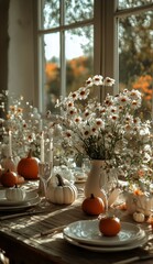 Cozy Autumn Dining Setup With Pumpkins and Flowers in Warm Sunlight.