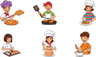 Cartoon chefs cooking pizza, burgers, pasta, sushi, cake, and soup in kitchen with diverse outfits, tools, and culinary techniques.