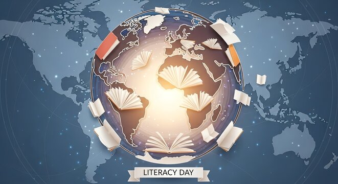 Unlock global knowledge with open books spreading literacy worldwide, a bright inspiring concept