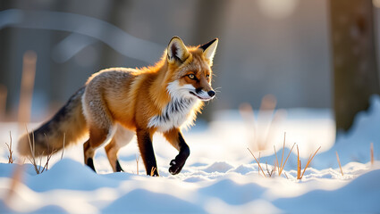 Fototapeta premium Red fox mid-stride in snow-covered meadow — late winter wildlife portrait