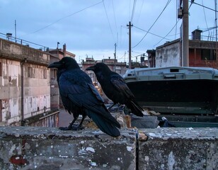 Two crows perched on a wall overlooking urban cityscape at dusk