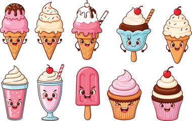Cartoon dessert characters with expressive faces including ice cream, cupcakes, milkshakes, and popsicle in colorful, fun, child-friendly vector style.