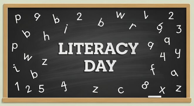 Celebrate Literacy Day with fun alphabet letters and numbers scattered on a classic blackboard