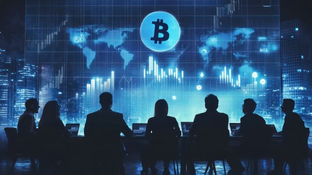 Business team analyzing Bitcoin cryptocurrency market data on a large screen displaying global financial charts and graphs. - Powered by Adobe