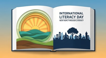 Open book reveals inspiring sunrise over rolling hills and city skyline, celebrating literacy.
