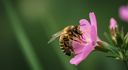 Fototapeta premium A close-up view of a bee gathering nectar from a delicate pink flower. The bee is diligently working, contributing to the ecosystem