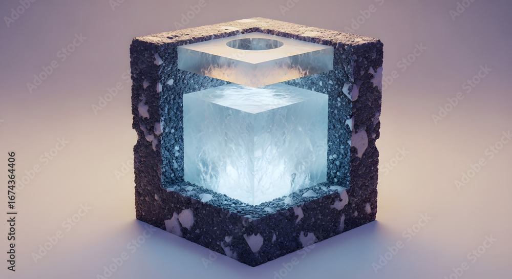 Fototapete abstract representation of frozen geometry: a conceptual 3d rendering showcasing a solid cube with i