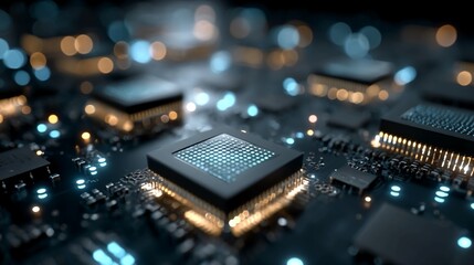 Abstract composition of layered 3D processor chips floating in blue light environment ideal for AI computing background or advanced tech product render visuals