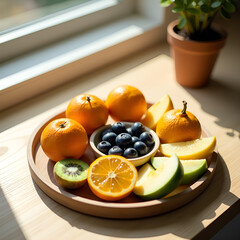 Overhead fruit platter with oranges, kiwis, blueberries and melon wedges on wooden counter