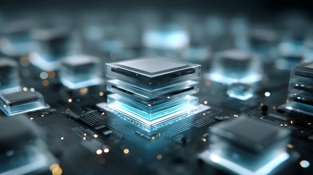 Abstract composition of layered 3D processor chips floating in blue light environment ideal for AI computing background or advanced tech product render visuals