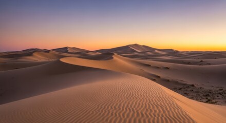 Serene Desert Twilight with Rippled S-Curve Dunes Under a Luminous Pastel Gradient Sky.