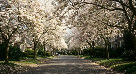 Fototapeta premium A picturesque residential street lined with blossoming trees and houses on either side. The road invites you down the center and trees frames this serene scene
