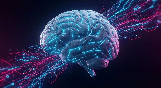 Abstract representation of a digital consciousness, with a luminous brain and interconnected data pathways - Powered by Adobe