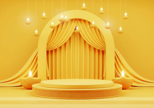 Yellow stage setup featuring a arched curtain illuminated by deepavali lighting. The backdrop consists of flowing bright yellow fabric and hanging diwali diya decorations.