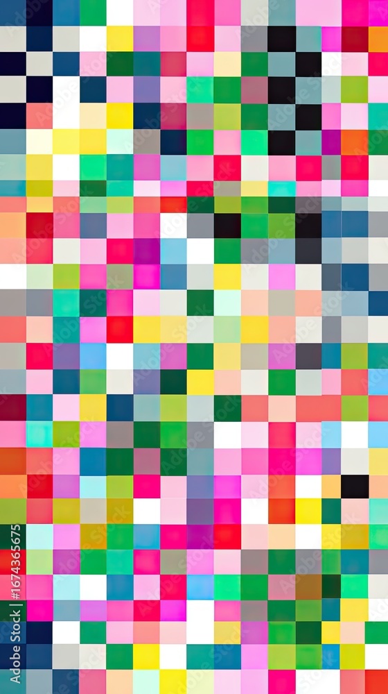 Poster abstract pixelated pattern. vibrant squares of color arranged in a grid. a multitude of hues create 