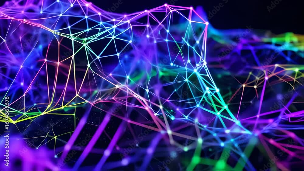 Poster abstract digital network: colorful connected dots and lines animation