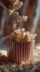 Popcorn cascading into a striped container