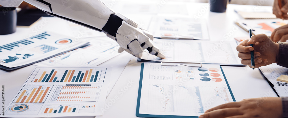 Poster a robotic arm aids a business team in a modern office setting, enhancing collaboration through data 