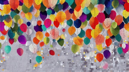 Vibrant multicolored leaves cascade downwards against a textured, light gray background