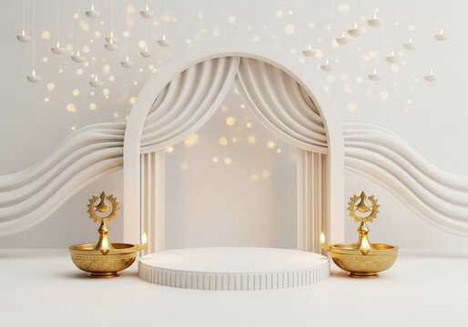 White stage setup featuring a curtain illuminated by warm deepavali lighting. The backdrop consists of flowing white fabric and hanging diwali diya decorations.
