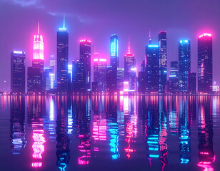 Neon city skyline night reflection