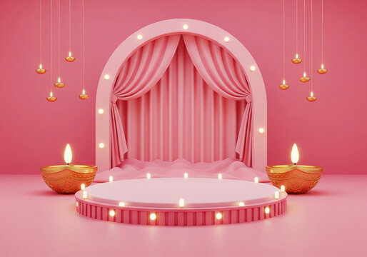 Pink stage setup featuring a arched curtain illuminated by warm deepavali lighting. The backdrop consists of flowing pink fabric and hanging diwali diya decorations.