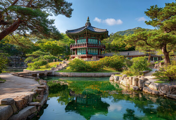 Tranquil Korean Pavilion by a Reflective Pond

