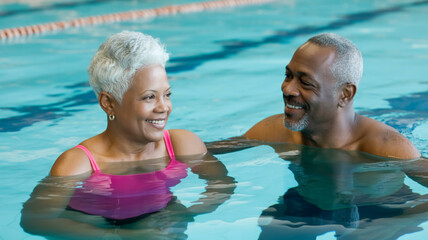 A bright, indoor swimming pool photograph of an elderly African American couple enjoying a swim.