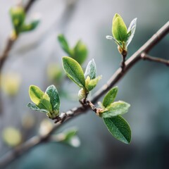 Spring Budding: Close-Up of Fresh Green Leaves on Branch