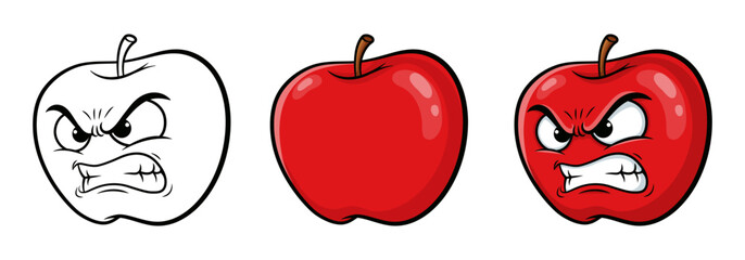 Angry Cartoon Apple with Line Art, Plain and Color Variations