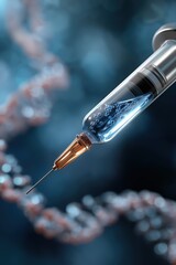Close-up of syringe with dna strand background