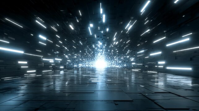 Abstract digital tunnel formed by glowing blue rectangles creating motion illusion ideal for future tech or data transfer concept visuals in virtual environments