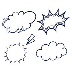 Vector comic speech bubble set with cloud shapes and starburst outlines for cartoon dialogue design. Blank empty text balloon collection in doodle sketch style. Fun pop art frame elements for creative