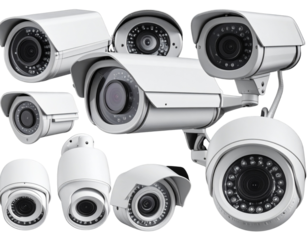 Photo of Multiple White Security Cameras Isolated on Black Background
