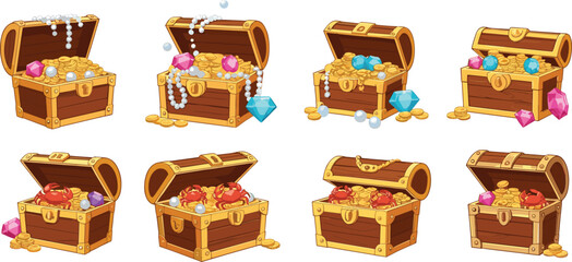 Cartoon treasure chests filled with gold coins, gems, pearls, apples in fantasy style for adventure, wealth, and game design themes. © SHAHARIAR
