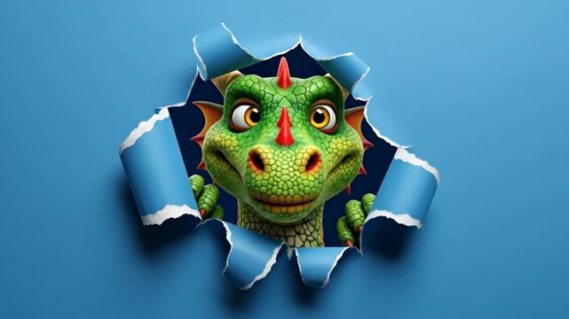 Playful Dragon Peeking Through Torn Paper - A cheerful cartoon dragon playfully peeks through a hole in a bright blue piece of paper.