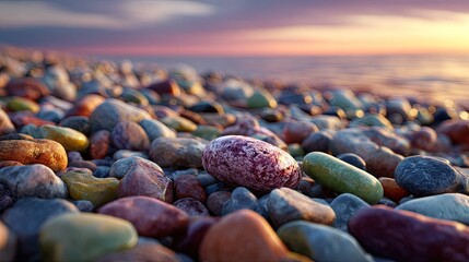 Close-up view of colorful pebbles on a beach at sunset
