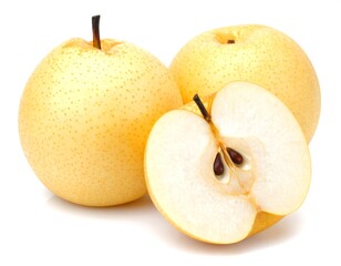 Asian pears displayed whole and sliced showing seeds on white background