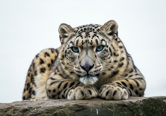 Obraz premium Leopard Cub Lying on Rock in Natural Habitat with Intense Blue Eyes and Spotted Fur