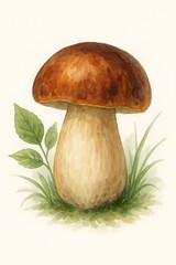Brown cap mushroom stands amidst green grass and leaves in a natural setting