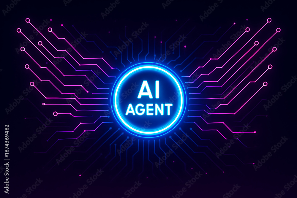 Poster ai agent concept represented by a glowing blue circle with text and connected by futuristic pink and